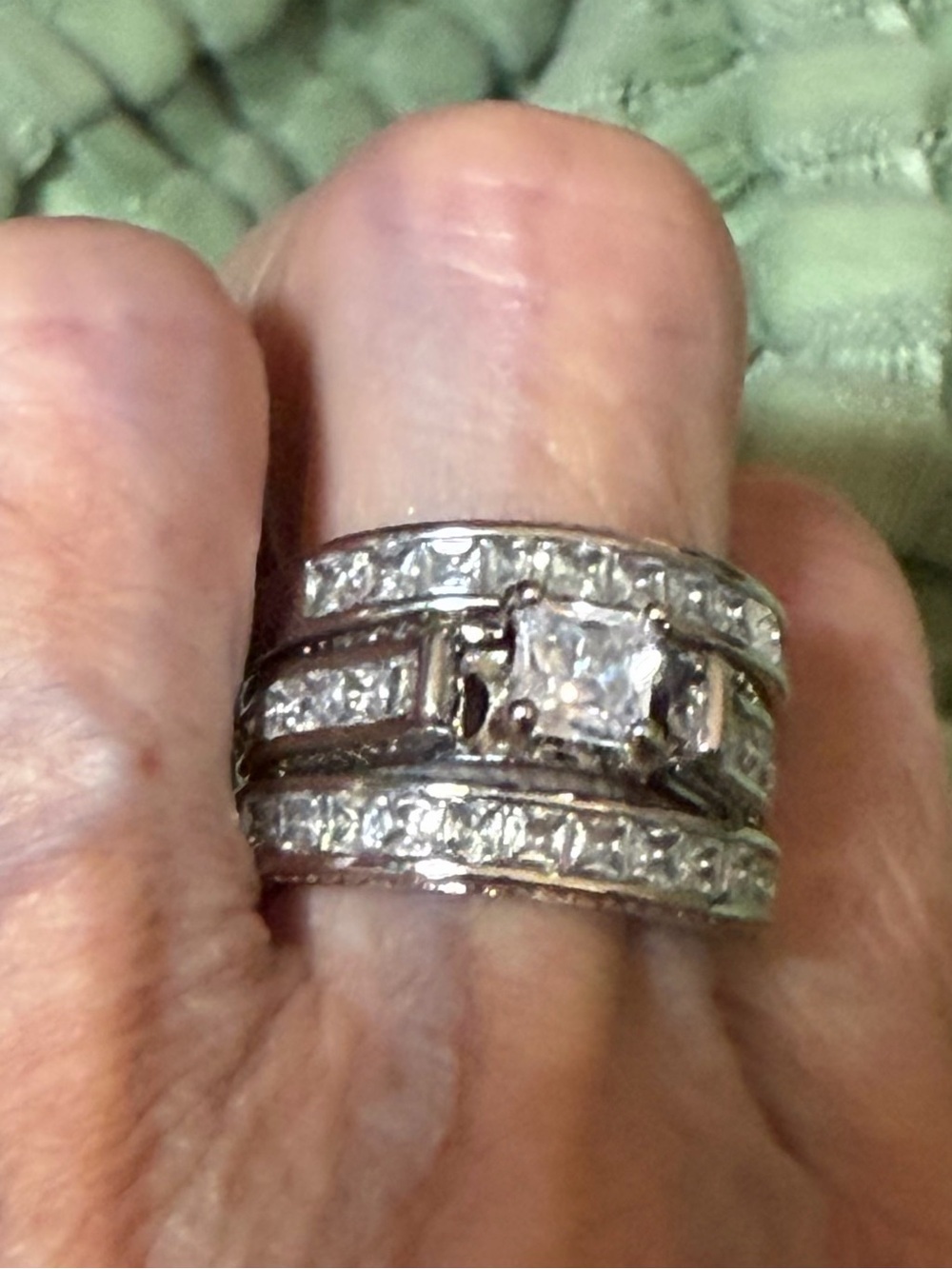 3 Piece Silver Tone Princess Cut CZ Wedding Ring Set Size 6